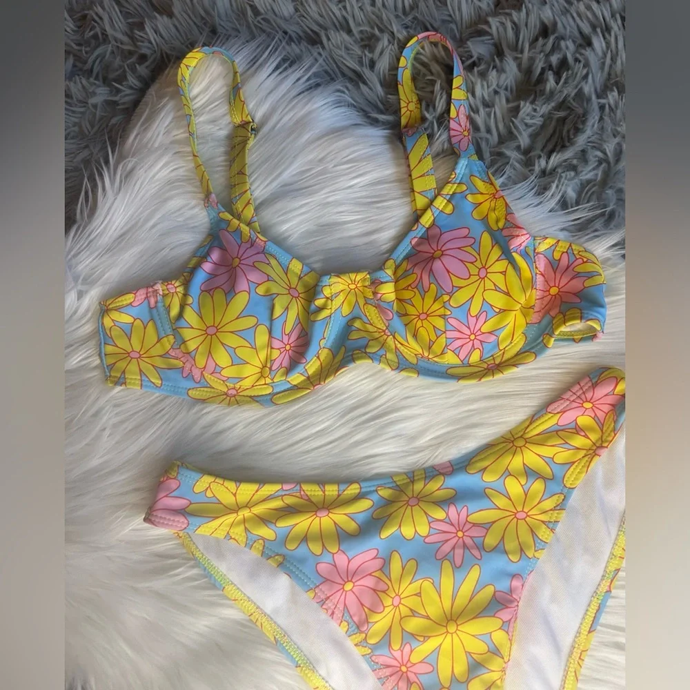 Floral Bikini Set with Yellow and Pink Flowers